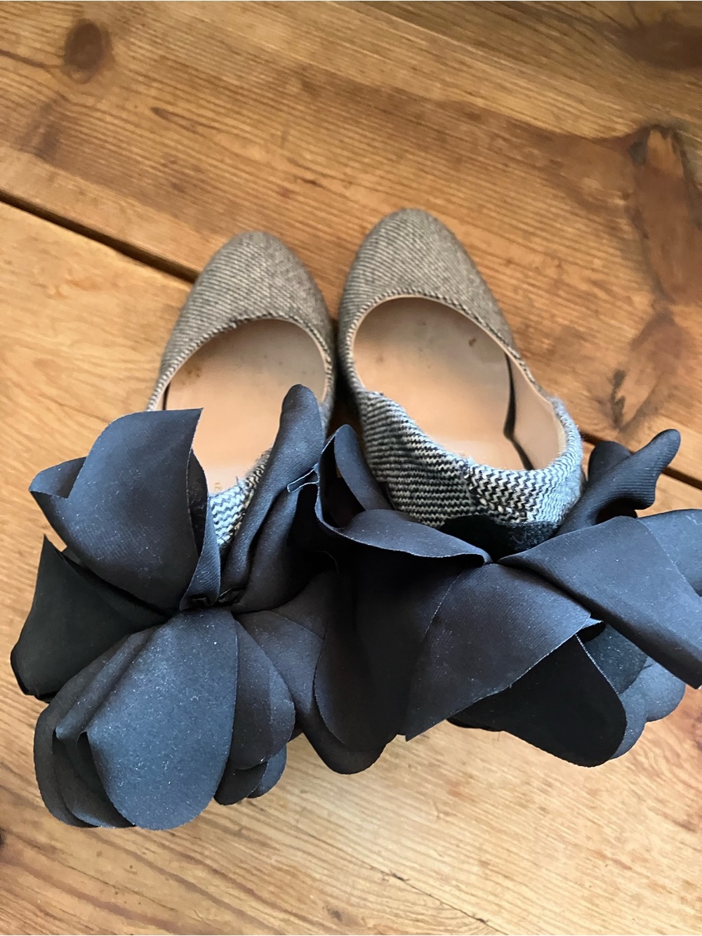 Black & White Tweed Block Heel Pumps with Floral Heel Accent - Picture 7 of 11